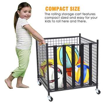 Snail Sports Ball Storage Rolling Cart Lockable Sports Ball Storage Rack with Elastic Straps, Stackable Ball Cage for Garage Storage Organizer, Compact Size But Functional, Matt Black