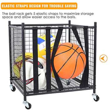Snail Sports Ball Storage Rolling Cart Lockable Sports Ball Storage Rack with Elastic Straps, Stackable Ball Cage for Garage Storage Organizer, Compact Size But Functional, Matt Black