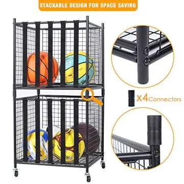 Snail Sports Ball Storage Rolling Cart Lockable Sports Ball Storage Rack with Elastic Straps, Stackable Ball Cage for Garage Storage Organizer, Compact Size But Functional, Matt Black