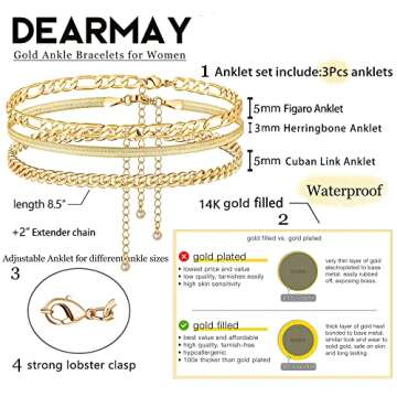 DEARMAY Gold Ankle Bracelets for Women 14K Gold Anklets for Women Herringbone Cuban Link Anklets Set...