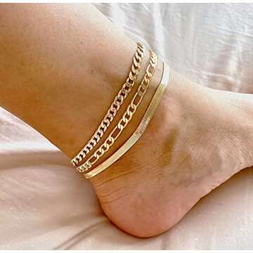 DEARMAY Gold Ankle Bracelets for Women 14K Gold Anklets for Women Herringbone Cuban Link Anklets Set Layered Cute Summer Beach Anklets Jewelry Gift for Women Teen