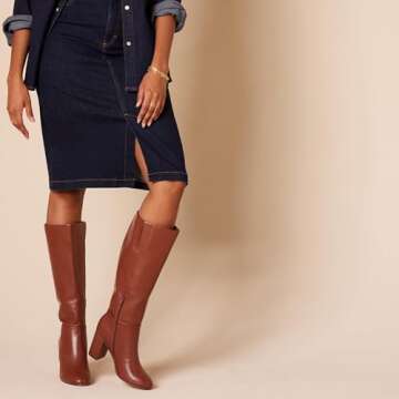 Amazon Essentials Women's Tall Heel Boot, Black Faux Leather, 6