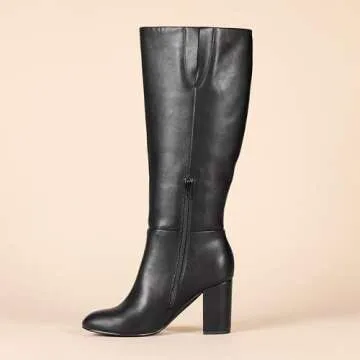 Amazon Essentials Women's Tall Heel Boot, Black Faux Leather, 6