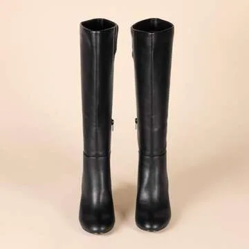 Amazon Essentials Women's Tall Heel Boot, Black Faux Leather, 6
