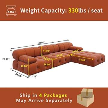 MGH Convertible Modular, Minimalist Couch with Ottomans, L-Shaped Velvet Sofas Couches, 4-Seat Sofa ...