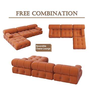 MGH Convertible Modular, Minimalist Couch with Ottomans, L-Shaped Velvet Sofas Couches, 4-Seat Sofa Couch Sectional with Reversible Chaise for Living Room (Orange)