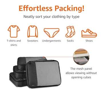 Amazon Basics Lightweight Packing Cubes for Travel, 4 Piece Set With Double Zipper Pulls and Mesh Top Panel, 100% Durable Polyester, Large, Black