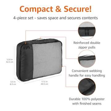 Amazon Basics Lightweight Packing Cubes for Travel, 4 Piece Set With Double Zipper Pulls and Mesh Top Panel, 100% Durable Polyester, Large, Black