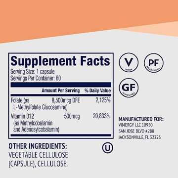 Vimergy 5-MTHF Capsules– Supports Brain & Cardiovascular Health* – Promotes Energy Production* – Kosher, Vegan & Gluten-Free – (60 ct.)