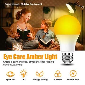 Neporal Amber Light Bulbs 4PK, 9W 60 Watt Equivalent, Blue Blocking Light Bulbs 1800K, Soft Warm Sle...