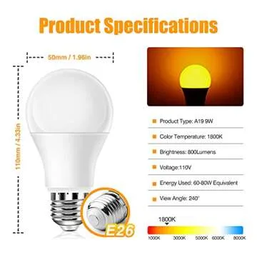 Neporal Amber Light Bulbs 4PK, 9W 60 Watt Equivalent, Blue Blocking Light Bulbs 1800K, Soft Warm Sleep Light Bulbs A19, Amber Night Light Bulb E26 for Bedroom and Baby Nursery Light