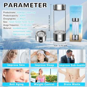Hydrogen Water Bottle, Hydrogen Water Bottle Generator, Improve Water Quality in 3 Minutes, Hydrogen Water Ionizer Glass Health Cup for Home Travel