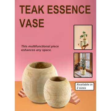 Serene Spaces Living Teak Essence Vase - Handcrafted Natural Wood Vase, Perfect for Artificial, Dried, and Fresh Flowers, Unique Rustic Decor Piece for Home or Office, Gift Idea (Small - Pack of 1)