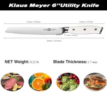 Klaus Meyer Stahl High Carbon Exclusive German Steel 6 inch Utility Serrated Knife (White)