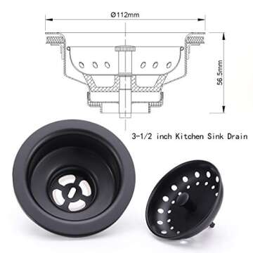 KONE 3-1/2 Inch Kitchen Sink Stainless Steel Basket Strainer Water Stopper with Drain Assembly, Black Finish Rustproof and Durable
