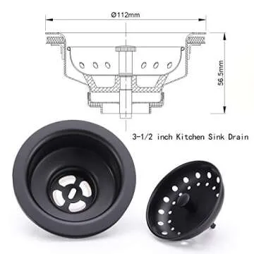 KONE 3-1/2 Inch Kitchen Sink Stainless Steel Basket Strainer Water Stopper with Drain Assembly, Black Finish Rustproof and Durable
