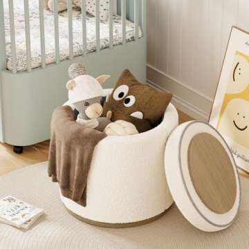 ComfyCorner Round Ottoman with Storage, Small Ottoman Foot Rest, Footstool, Boucle Upholstered Vanit...