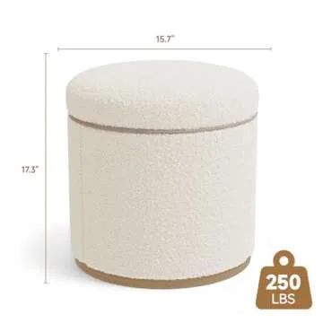 ComfyCorner Round Ottoman with Storage, Small Ottoman Foot Rest, Footstool, Boucle Upholstered Vanity Stool, Storage Ottoman with Wood Frame and Base for Living Room, White
