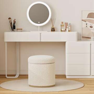 ComfyCorner Round Ottoman with Storage, Small Ottoman Foot Rest, Footstool, Boucle Upholstered Vanity Stool, Storage Ottoman with Wood Frame and Base for Living Room, White