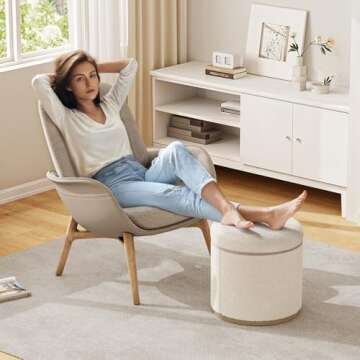 ComfyCorner Round Ottoman with Storage, Small Ottoman Foot Rest, Footstool, Boucle Upholstered Vanity Stool, Storage Ottoman with Wood Frame and Base for Living Room, White