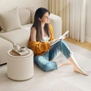 ComfyCorner Round Ottoman with Storage, Small Ottoman Foot Rest, Footstool, Boucle Upholstered Vanity Stool, Storage Ottoman with Wood Frame and Base for Living Room, White