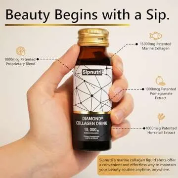 Sipnutri Diamond Liquid Collagen Drink, 15000 mg Hydrolyzed Marine Collagen Peptides with Vitamin C, Pomegranate, Healthy Hair Skin Nails Joints Bones Support, 50 ml x 10 Bottles (3 Boxes)