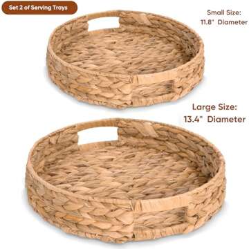 KOLWOVEN Set of 2 Round Round Wicker Baskets, 13 inch and 11.8 Inch Wicker Serving Tray, Countertop ...