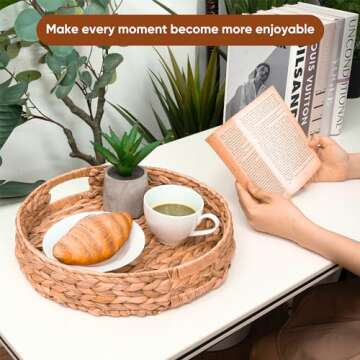 KOLWOVEN Set of 2 Round Round Wicker Baskets, 13 inch and 11.8 Inch Wicker Serving Tray, Countertop Wooden Round Fruit Baskets Decorative Coffee Table Tray