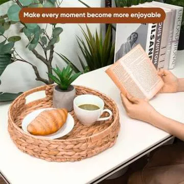 KOLWOVEN Set of 2 Round Round Wicker Baskets, 13 inch and 11.8 Inch Wicker Serving Tray, Countertop Wooden Round Fruit Baskets Decorative Coffee Table Tray