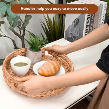 KOLWOVEN Set of 2 Round Round Wicker Baskets, 13 inch and 11.8 Inch Wicker Serving Tray, Countertop Wooden Round Fruit Baskets Decorative Coffee Table Tray