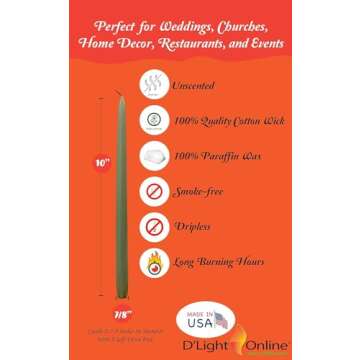 D'light Online Elegant 10" Olive Green Taper Candles Premium Quality Candles, Unscented, Hand-Dipped...