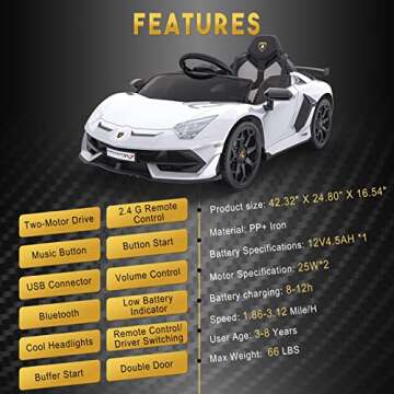 Hetoy Ride on Car for Kids 12V Licensed Lamborghini Electric Vehicles Battery Powered Sports Car with Control, 2 Speeds, Sound System, LED Headlights and Hydraulic Doors