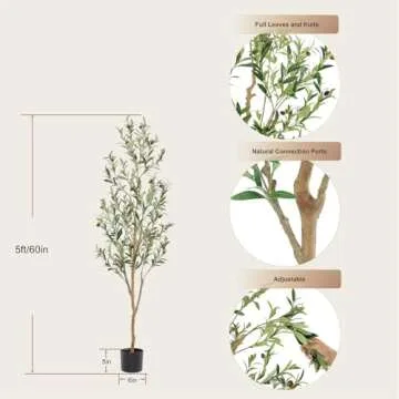 Bellacat Faux Olive Tree 5ft，Olive Trees Artificial Indoor with Natural Wood Trunk and Realistic Leaves and Fruits. 5 Feet(60in) Fake Olive Tree for Home House Office Décor.