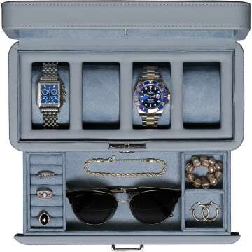 ROTHWELL 4 Slot Leather Watch Box with Drawer - Luxury Watch Case Display Jewelry Organizer, Locking...