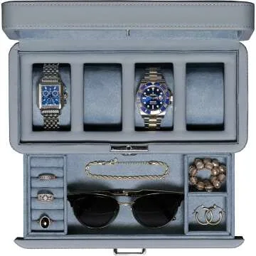 ROTHWELL 4 Slot Leather Watch Box with Drawer - Luxury Watch Case Display Jewelry Organizer, Locking...