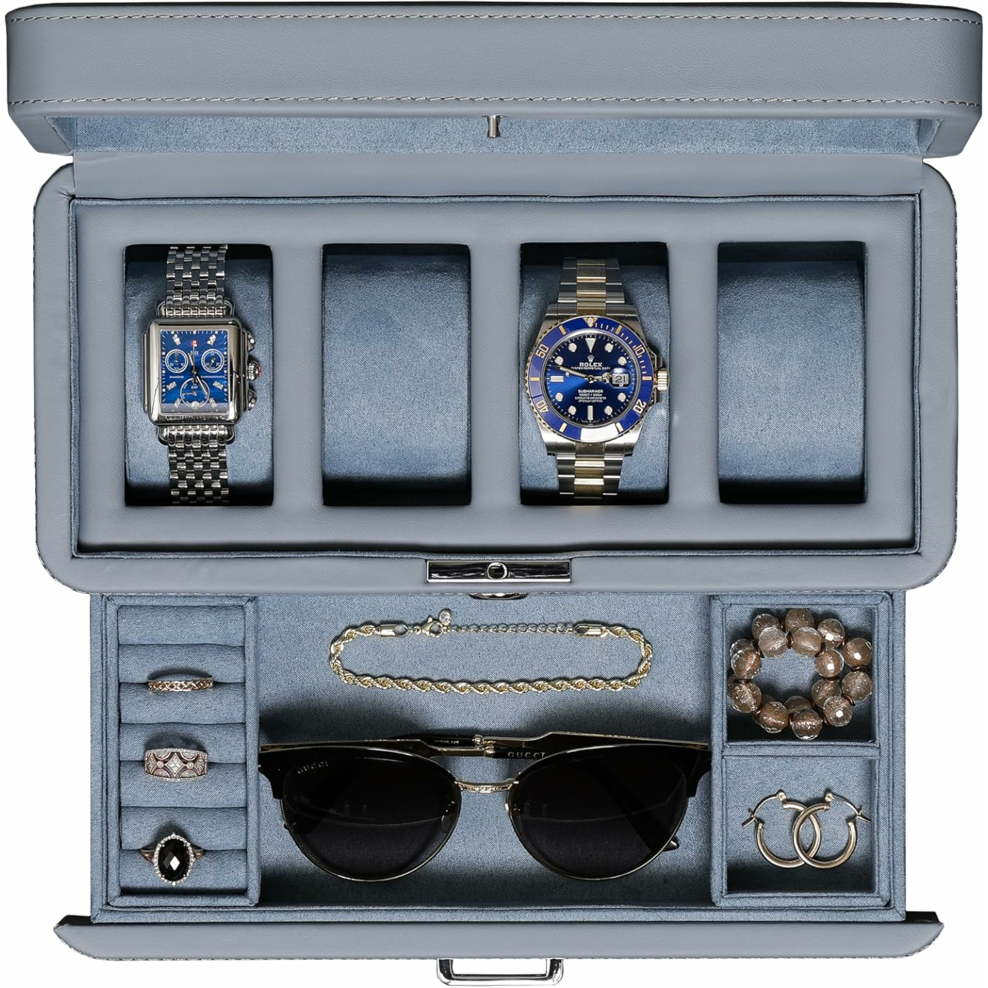 ROTHWELL 4 Slot Leather Watch Box with Drawer - Luxury Watch Case Display Jewelry Organizer, Locking Watch Display Case Holder with Real Glass Top - Watch Box Organizer for Men & Women (Artic Mist)