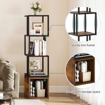 YITAHOME 4-Tier Rotating Bookshelf 360 Display Floor Standing Bookcase for Small Spaces Industrial Narrow Shelf Organizer Storage Rack for Bedroom, Living Room, Study Room,Rustic Brown