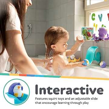 Nuby Penguin Slide Bath Toy Play Set with 4 Bath Squirters - Baby Bath Toys for Boys and Girls 12+ Months - Suction Cup Toy Attaches to Shower Wall