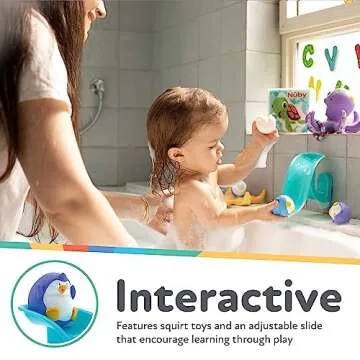 Nuby Penguin Slide Bath Toy Play Set with 4 Bath Squirters - Baby Bath Toys for Boys and Girls 12+ Months - Suction Cup Toy Attaches to Shower Wall