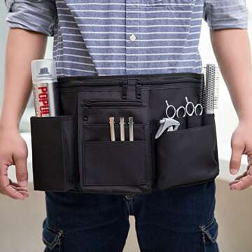 MyGift Professional Black Salon Apron, Makeup Artist Cosmetic Canvas Waist Apron, Multiple Pocket Br...