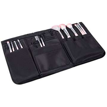 MyGift Professional Black Salon Apron, Makeup Artist Cosmetic Canvas Waist Apron, Multiple Pocket Brush Bag Organizer