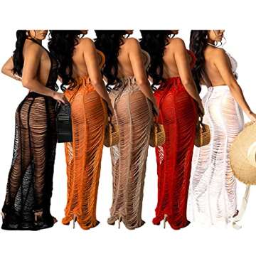 Women Maxi Swimwear Cover Ups Dress Halter Sleeveless Hollow Out Mesh See Through Crochet Cover Up Maxi Long Dress Brown 2XL