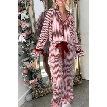 KMBANGI Women Santa Bow Tie Pajama Set Christmas Long Sleeve Shirt Pants Striped Bow Pj Silky Satin ...