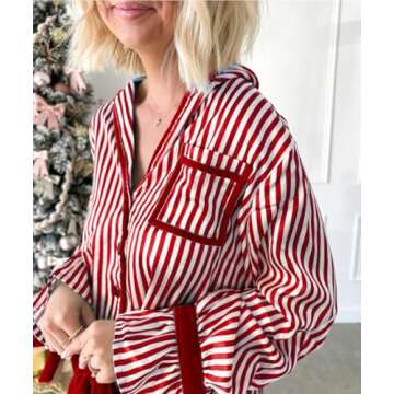 KMBANGI Women Santa Bow Tie Pajama Set Christmas Long Sleeve Shirt Pants Striped Bow Pj Silky Satin Graphic 2Piece Holiday Sleepwear(Striped Red,L)