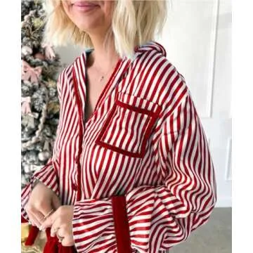 KMBANGI Women Santa Bow Tie Pajama Set Christmas Long Sleeve Shirt Pants Striped Bow Pj Silky Satin Graphic 2Piece Holiday Sleepwear(Striped Red,L)