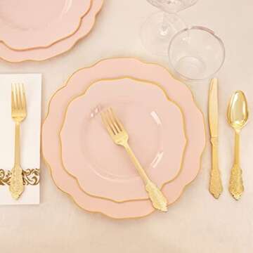 NOCCUR 175PCS Pink Plastic Plates - Pink Plates with Gold Disposable Silverware - Include 50 Plates,25 Knives,25 Forks,25 Spoons,25 Cups and 25 Napkins - Ideal for Wedding & Party