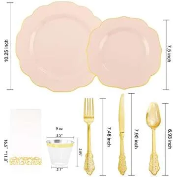 NOCCUR 175PCS Pink Plastic Plates - Pink Plates with Gold Disposable Silverware - Include 50 Plates,25 Knives,25 Forks,25 Spoons,25 Cups and 25 Napkins - Ideal for Wedding & Party