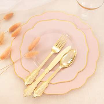 NOCCUR 175PCS Pink Plastic Plates - Pink Plates with Gold Disposable Silverware - Include 50 Plates,25 Knives,25 Forks,25 Spoons,25 Cups and 25 Napkins - Ideal for Wedding & Party