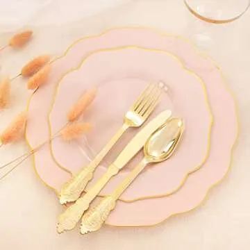 NOCCUR 175PCS Pink Plastic Plates - Pink Plates with Gold Disposable Silverware - Include 50 Plates,25 Knives,25 Forks,25 Spoons,25 Cups and 25 Napkins - Ideal for Wedding & Party