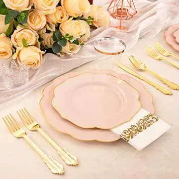 NOCCUR 175PCS Pink Plastic Plates - Pink Plates with Gold Disposable Silverware - Include 50 Plates,25 Knives,25 Forks,25 Spoons,25 Cups and 25 Napkins - Ideal for Wedding & Party